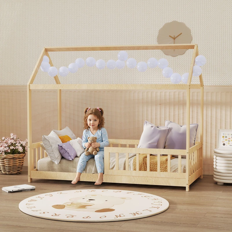 HOMCOM Toddler Bed Kids Single Bed Frame, House-Shaped Solid Pine Wood with Guard Rails for Kids Boys and Girls, Natural