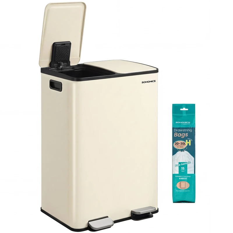 SONGMICS Kitchen Bin, 2 x 8 Gallon (2 x 30 L) Dual-Compartment Pedal Rubbish Bin with Soft-Close Lid and Inner Buckets, Steel, Includes 15 Liner Bags, Cream LTB741AZ02