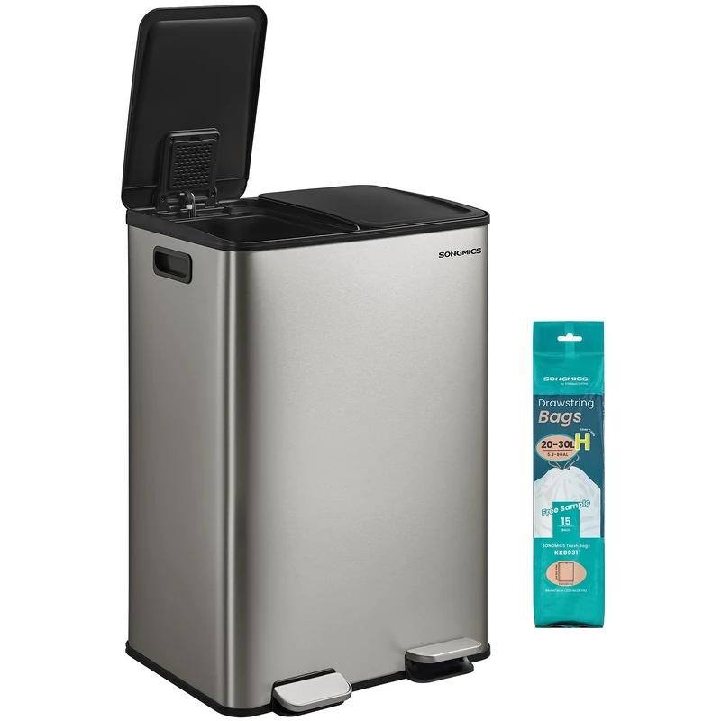 SONGMICS Kitchen Bin, 2 x 8 Gallon (2 x 30 L) Dual-Compartment Pedal Rubbish Bin with Soft-Close Lid and Inner Buckets, Stainless Steel, Includes 15 Liner Bags, Silver LTB741EZ01