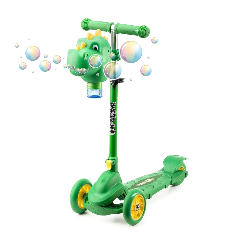 Xootz Bubble Go Dinosaur Scooter, 3 Wheel Kids Scooter with Bubble Machine, Adjustable, Foldable Tri Scooter for Toddlers, Balance and Lean to Steer