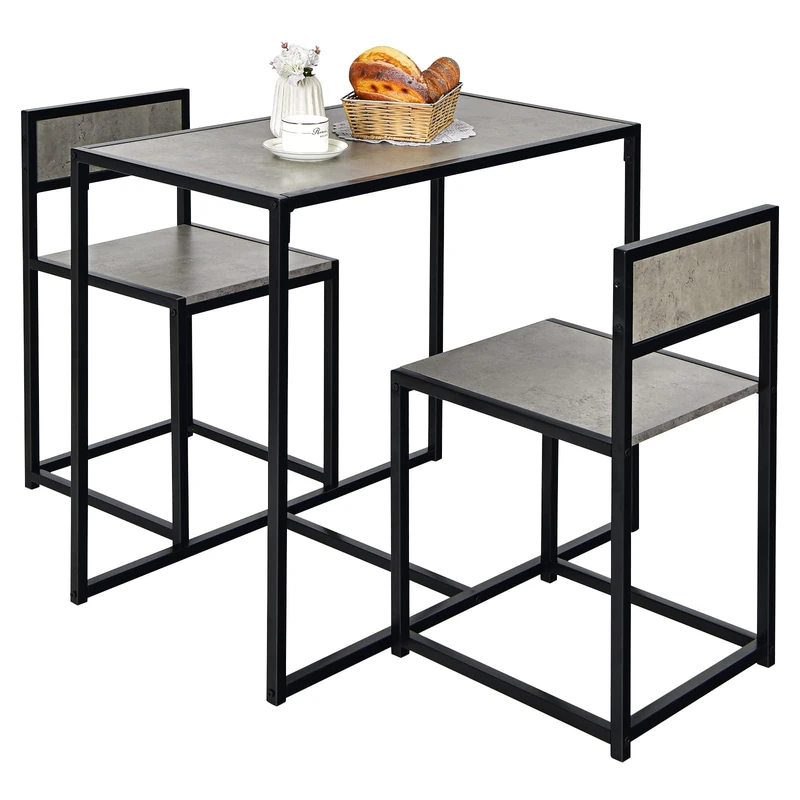 FANTASK 3-Piece Bar Table with Chairs, Space Saving Dining Table with 2 Chairs, Small Dining Set with Metal Frame, Kitchen Table Set for Kitchen, Dining Room and Bistro (Grey)