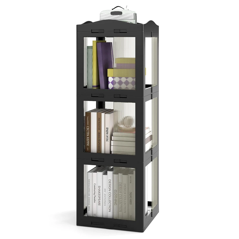 FANTASK 360° Rotating Bookcase, 3 Tier Kitchen Shelf with Non-Slip Foot Pads & Transparent Panels, Slim Standing Shelf for Living Room & Study (Black, 36.5 x 36 x 108 cm)