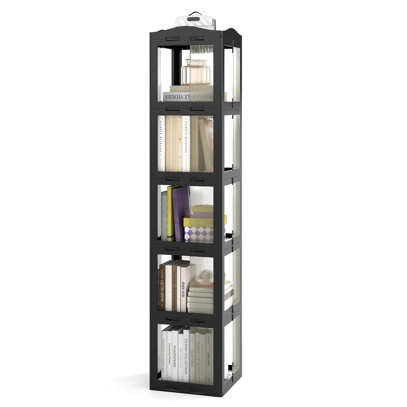 FANTASK 360° Rotating Bookcase, 3 Tier Kitchen Shelf with Non-Slip Foot Pads & Transparent Panels, Slim Standing Shelf for Living Room & Study (Black, 36.5 x 36 x 174 cm)
