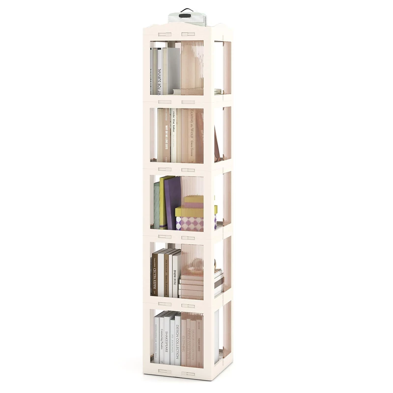 FANTASK 360° Rotating Bookcase, 3 Tier Kitchen Shelf with Non-Slip Foot Pads & Transparent Panels, Slim Standing Shelf for Living Room & Study (White, 36.5 x 36 x 174 cm)