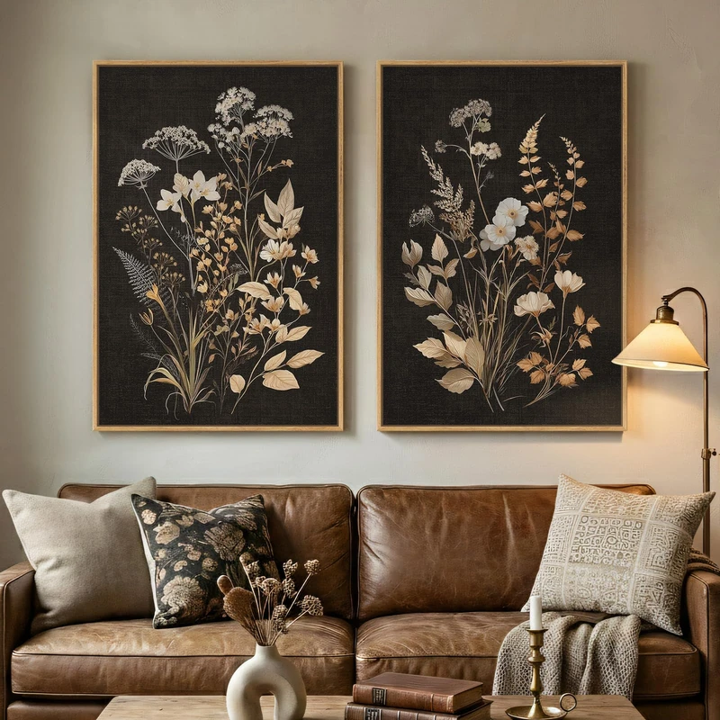 Large Framed Vintage Botanical Wall Art, 2 Piece Neutral Farmhouse Moody Floral Canvas Painting Prints, Rustic Cottage Core Dark Academia Flower Artwork for Living Room Bedroom Kitchen Decor, 24x36