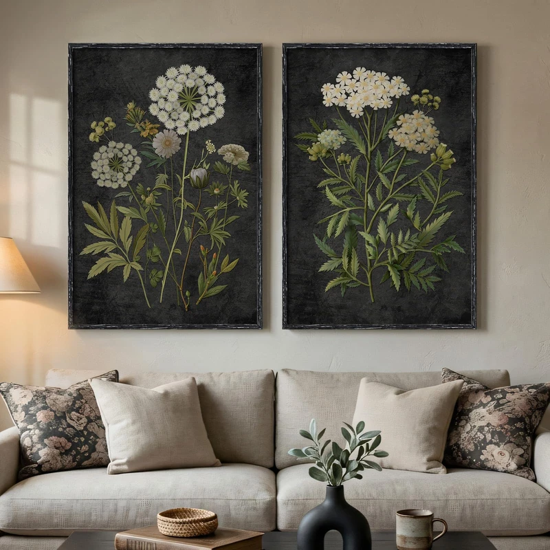Framed Vintage Botanical Wall Art, 2 Piece Moody Dark Floral Canvas Painting Prints, Retro Rustic Farmhouse Cottage Core Black Background Flower Artwork for Living Room Bedroom Kitchen Hallway, 24x36
