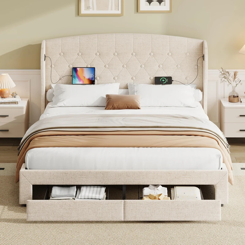 Ball & Cast Double Upholstered Bed with Hydraulic and Drawers Storage, Button tufted Headboard with Wingback and Charging Station, USB and Type - C Ports, No Box Spring Needed, Linen, Beige