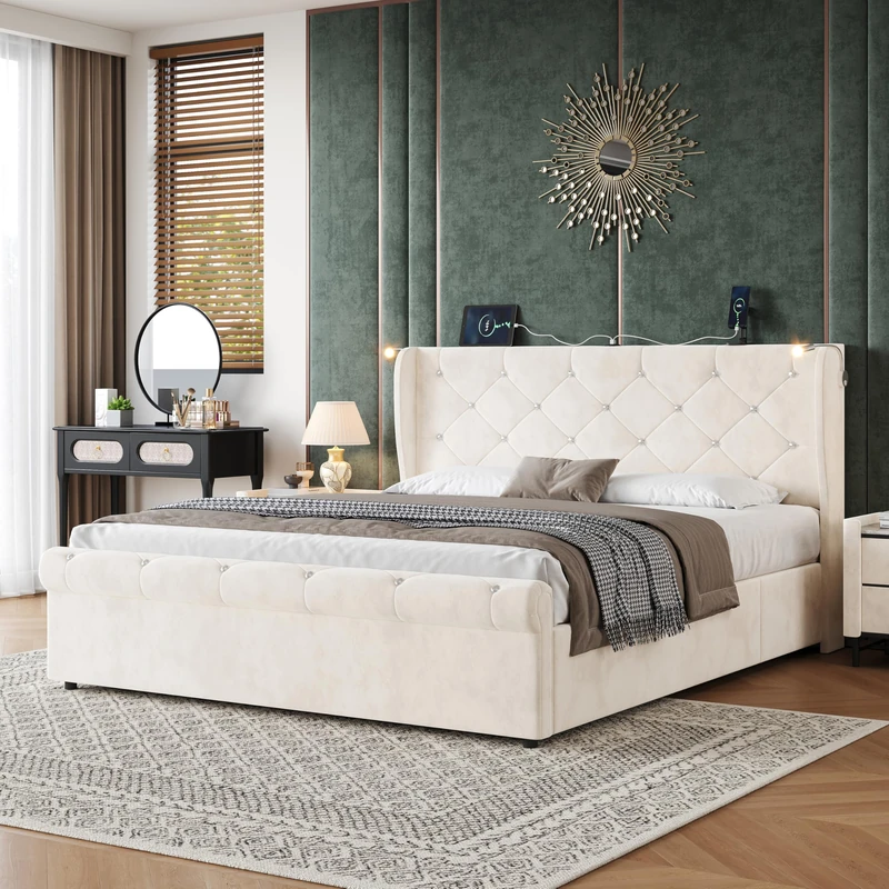 Ball & Cast 4ft6 Double Upholstered Storage Bed, Hydraulic Lift Bed 135x190 cm,Diamond Tufted Velvet Headboard, USB & Type-C Charging Ports, Adjustable LED Reading Lights, Beige (No Mattress)