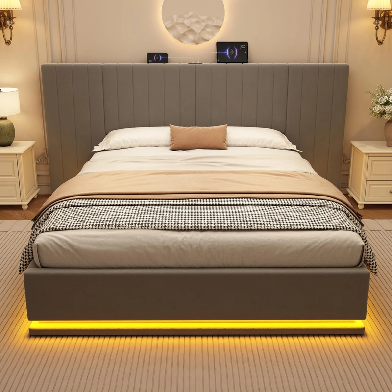Ball & Cast Ottoman King Bed Frame with Storage, Upholstered Bed Frame with Adjustable Headboard, Velvet Double Bed Frame with Hydraulic and LED-Light Strips, Grey, 5FT-150 x 200 cm, (No Mattress) - Image 1