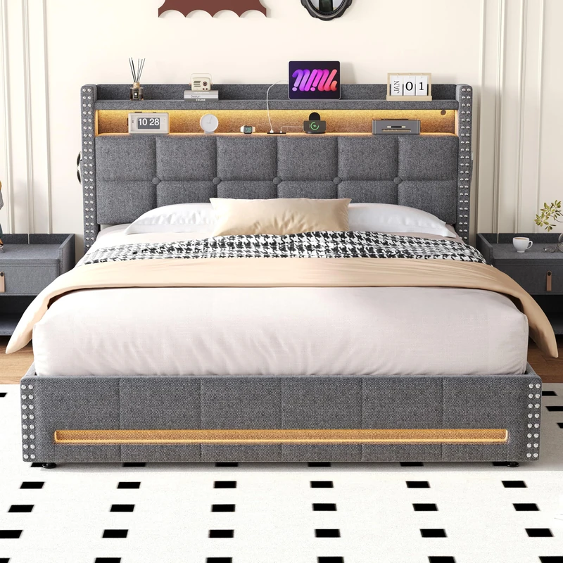 Ball & Cast 5ft King Size Bed with Storage, LED Rivet Storage Bed with Charging Station, Button Tufted Headboard with USB and Type - C Ports, No Box Spring Needed, Linen, Grey (No Mattress)