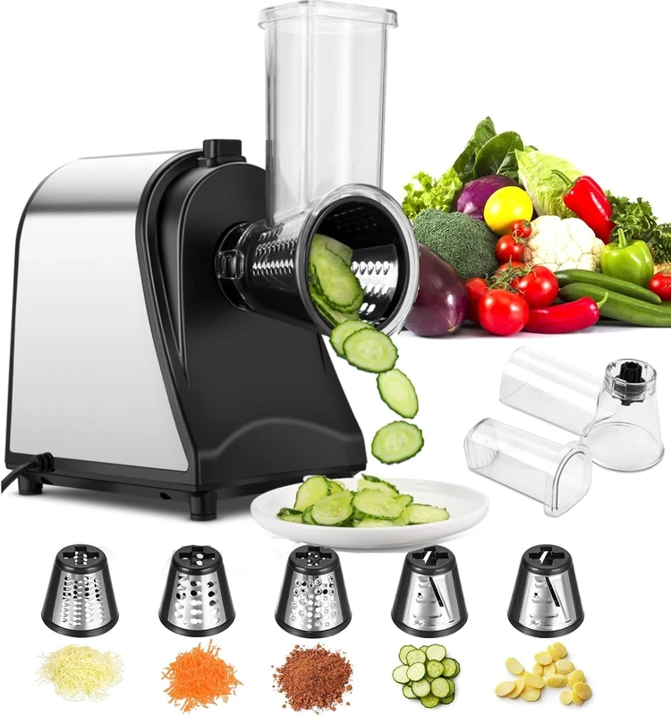 Electric Vegetable Slicer, 250 W, Professional, 5-in-1 Kitchen Grater with 5 Blades for Cheese, Potatoes, Carrots, Vegetable Slicer, Stainless Steel