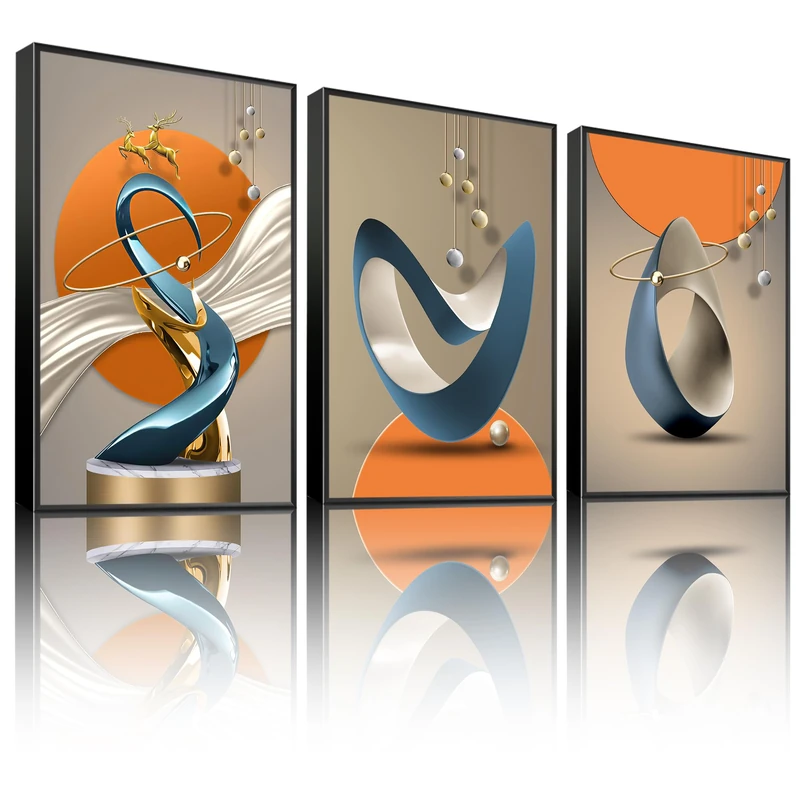 3 Pcs Modern Abstract Canvas Wall art Golden Deer Luxury Foil Lines Wall Decoration Pictures Paintings White Blue orange color Grey posters Prints for Living Room Bedroom Office Home Decoration