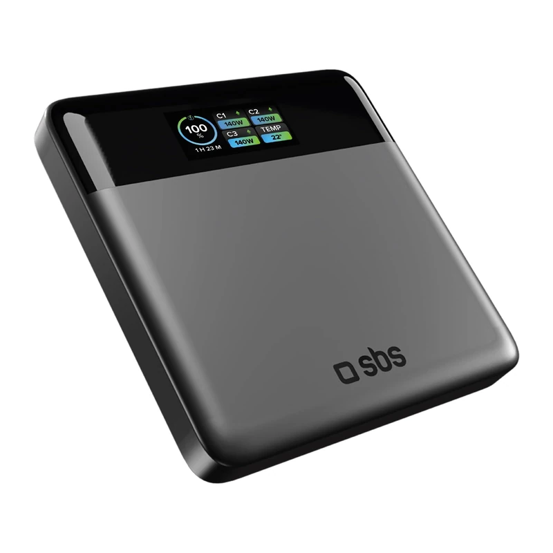 SBS Pulse PowerBank Lite 100W, 20,000 mAh, Power Delivery (PD 3.0 PPS), AFC, Fast-Charging Power Bank, AI LCD Display, USB-C, USB-A, Portable Travel Charger, Slim Design, Gray