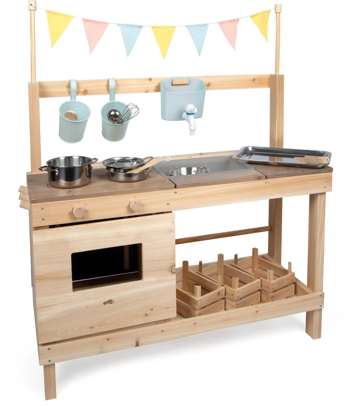 small foot solid wood mud kitchen and shop, XL mud kitchen/outdoor shop, playing areas on both sides, with a water tap and accessories, 12790