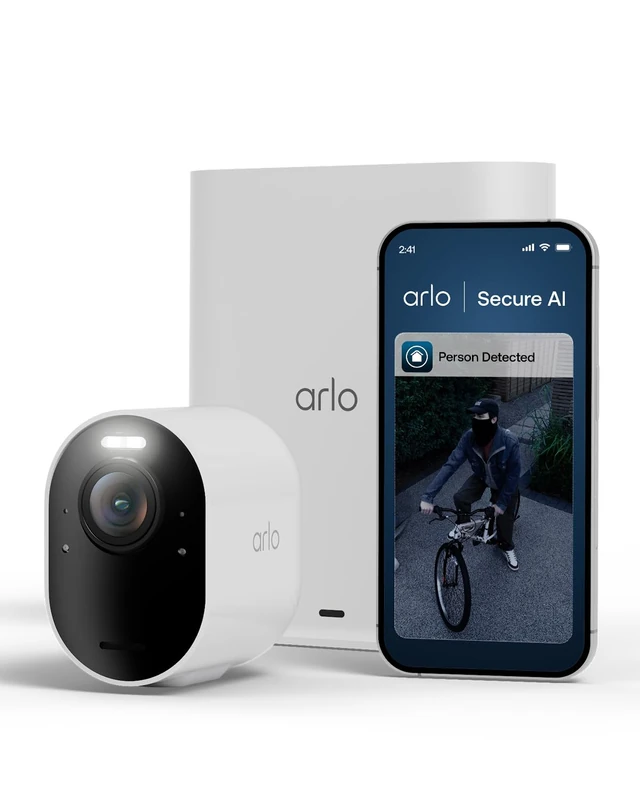 Arlo Ultra 3 Security Camera Outdoor Wireless, 4K UHD, 180 View, AI Detection, Auto Tracking, Colour Night Vision, CCTV, Arlo Secure Trial Included, 1 Camera with Smarthub for Local Storage, White
