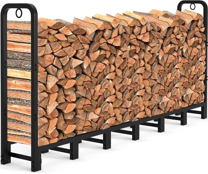 GarveeLife Firewood Rack, Metal Firewood Stand with Locking Rings, Firewood Shelf Indoor and Outdoor, Firewood Rack for Fireplace and Oven, Steel, 244 x 30.5 x 105 cm, Black - Image 1