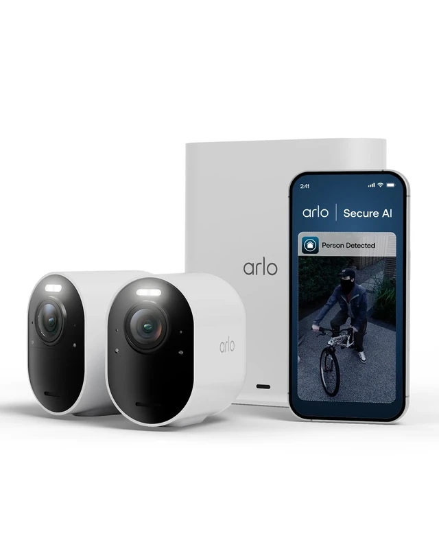 Arlo Ultra 3 Security Camera Outdoor Wireless, 4K UHD, 180 View, AI Detection, Auto Tracking, Colour Night Vision, CCTV, Arlo Secure Trial Included, 2 Cameras with Smarthub for Local Storage, White