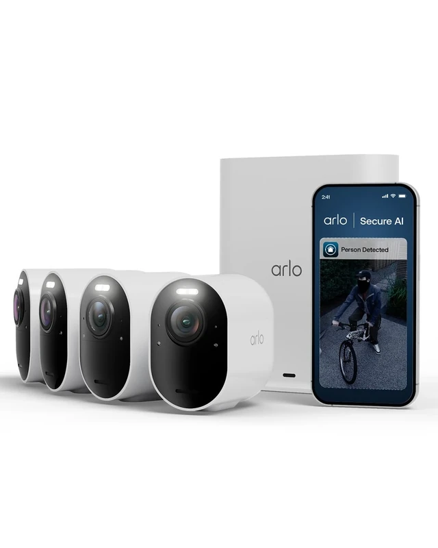 Arlo Ultra 3 Security Camera Outdoor Wireless, 4K UHD, 180 View, AI Detection, Auto Tracking, Colour Night Vision, CCTV, Arlo Secure Trial Included, 4 Cameras with Smarthub for Local Storage, White