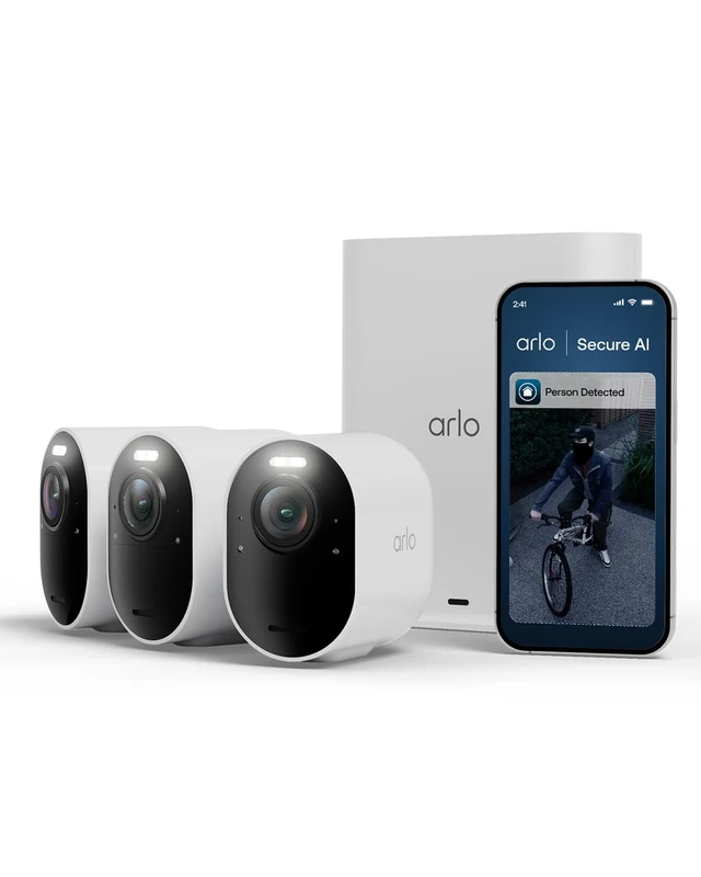Arlo Ultra 3 Security Camera Outdoor Wireless, 4K UHD, 180 View, AI Detection, Auto Tracking, Colour Night Vision, CCTV, Arlo Secure Trial Included, 3 Cameras with Smarthub for Local Storage, White