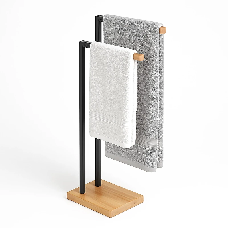 Relaxdays Freestanding Towel Rack with 2 Bars, Metal & Bamboo, 80.5 x 38.5 x 19.5 cm, Black/Natural
