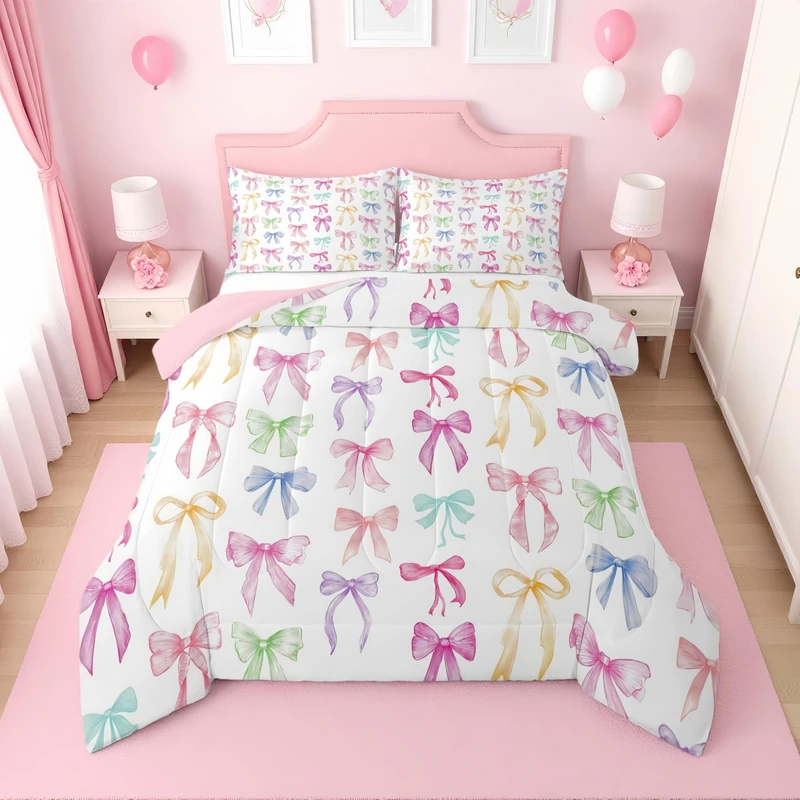 Erosebridal Cute Bow King Bedding Set for Girls | Colorful Rainbow Bow Tie Comforter Set for Kids Teen Preteen, Kawaii Preppy Bows Quilt, Girly Princess Bedroom Decor, 2 Pillowcases