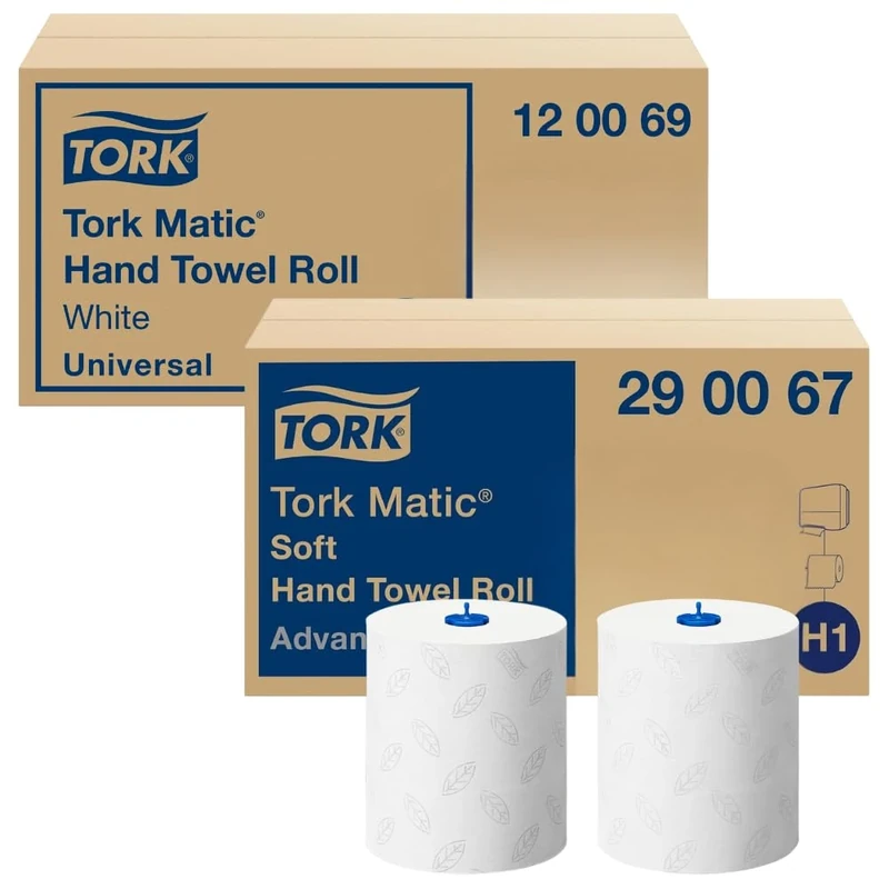 Tork Matic Soft Paper Hand Towels 290067, White - 6 Rolls x 150 m & Tork Matic Hand Towel Roll 120069, White - 6 x 150m Rolls, H1 Hand Towel Bundle