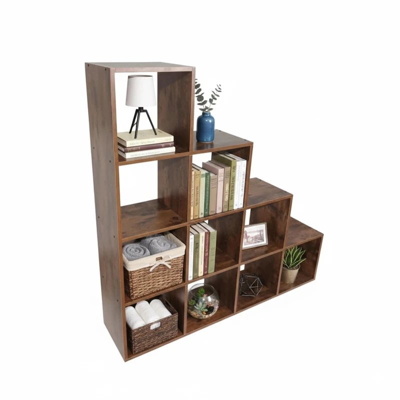 Relaxdays stepped shelf with 10 compartments, open cube unit, 129.5 x 129.5 x 29 cm, brown storage organizer