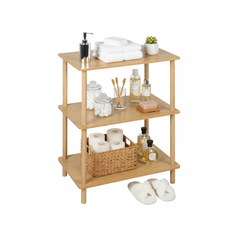 Relaxdays Freestanding 3-Tier Shelf, MDF & Bamboo, HxWxD: 79x60x40 cm, Natural for Bathroom, Living Room, Kitchen