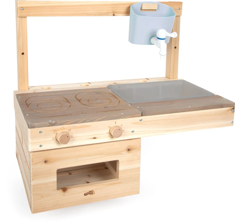 small foot mud kitchen for suspension, compact wooden toy kitchen with hob oven, water basin, ideal for small gardens and balconies, 12791