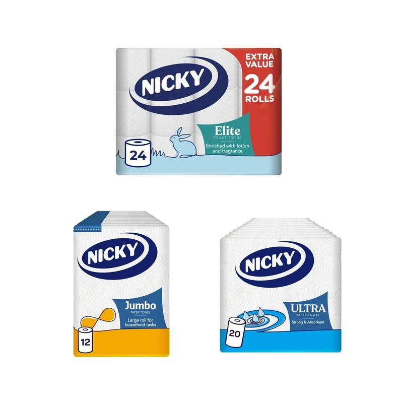 Nicky Elite Toilet Tissue 24 Rolls of 168 Sheets, Jumbo Kitchen Towel 12 Rolls of 200 Sheets and Ultra Kitchen Towel 20 Rolls of 75 Sheets
