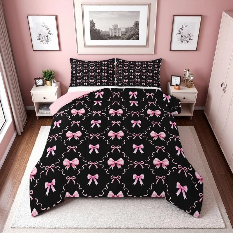Erosebridal Pink and Black Bow Tie Queen Comforter Set for Girls | Cute Pink Ribbon Bow Bedding Sets for Kids Women, Coquette Bowtie Bed Set, Princess Bows Room Decor, 2 Pillowcases