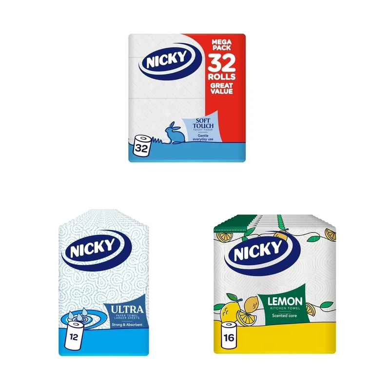 Nicky Soft Touch Toilet Tissue 32 Rolls of 190 Sheets, Ultra Kitchen Towel 12 Rolls of 75 Sheets and Lemon Kitchen Towel 16 Rolls of 100 Sheets