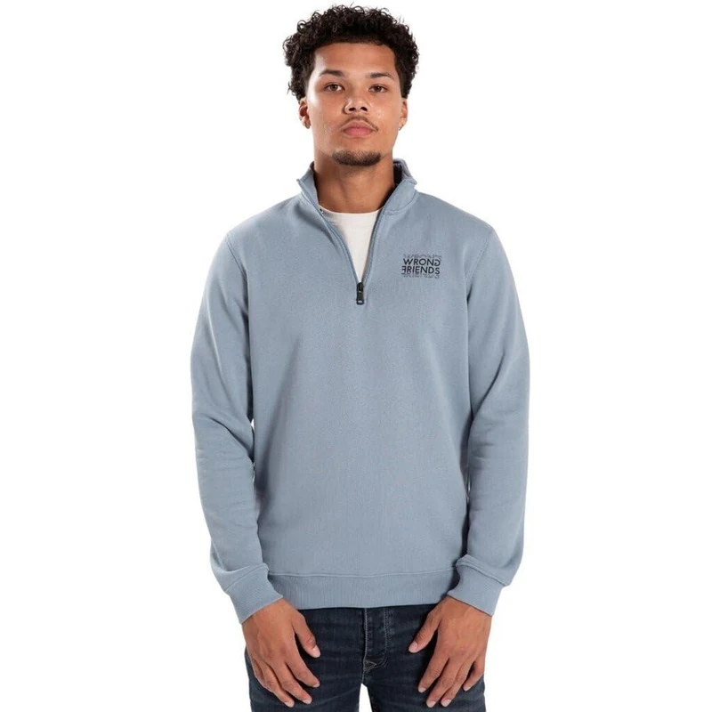 Wrong Friends Men's Vichy Half Zip Sweatshirt, Light Blue, L