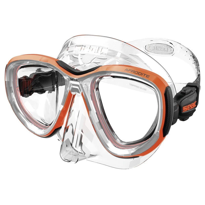 SEAC Afrodite, Low-Volume Dive Mask with 3 mm Tempered Lenses, Comfort Silicone Skirt, Adjustable 3D Buckle, Compatible with Optical Corrective Lenses (-1.0 to -6.0), Orange/Transparent, Standard - Image 1