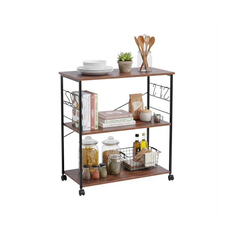 Relaxdays Kitchen Trolley with 3 Shelves, 6 S-Hooks, MDF & Metal, Brown/Black, 87x80x40 cm