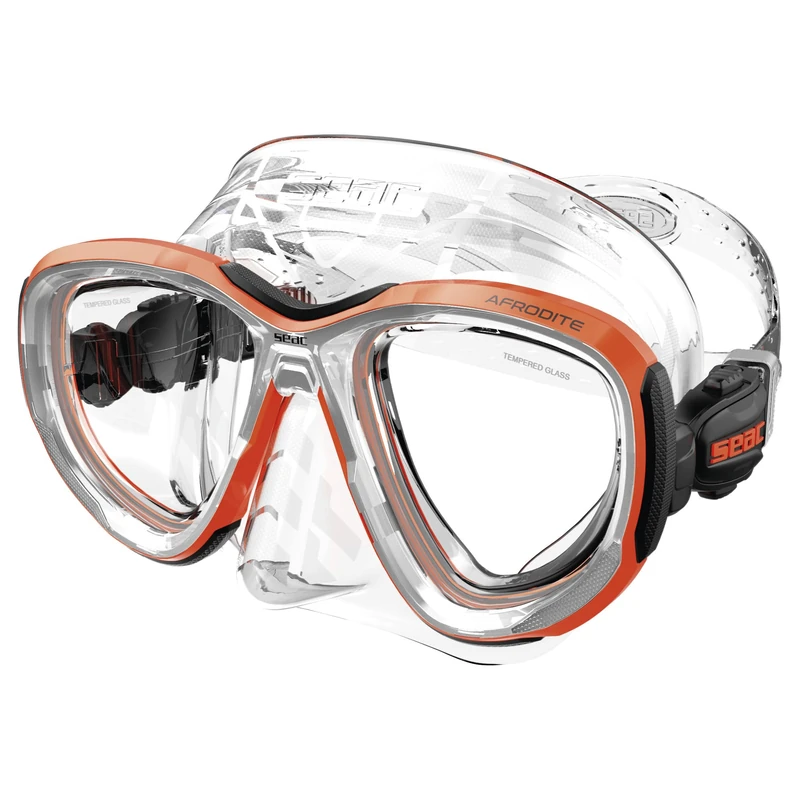 SEAC Afrodite, Low-Volume Dive Mask with 3 mm Tempered Lenses, Comfort Silicone Skirt, Adjustable 3D Buckle, Compatible with Optical Corrective Lenses (-1.0 to -6.0), Orange/Transparent, Asian Fit