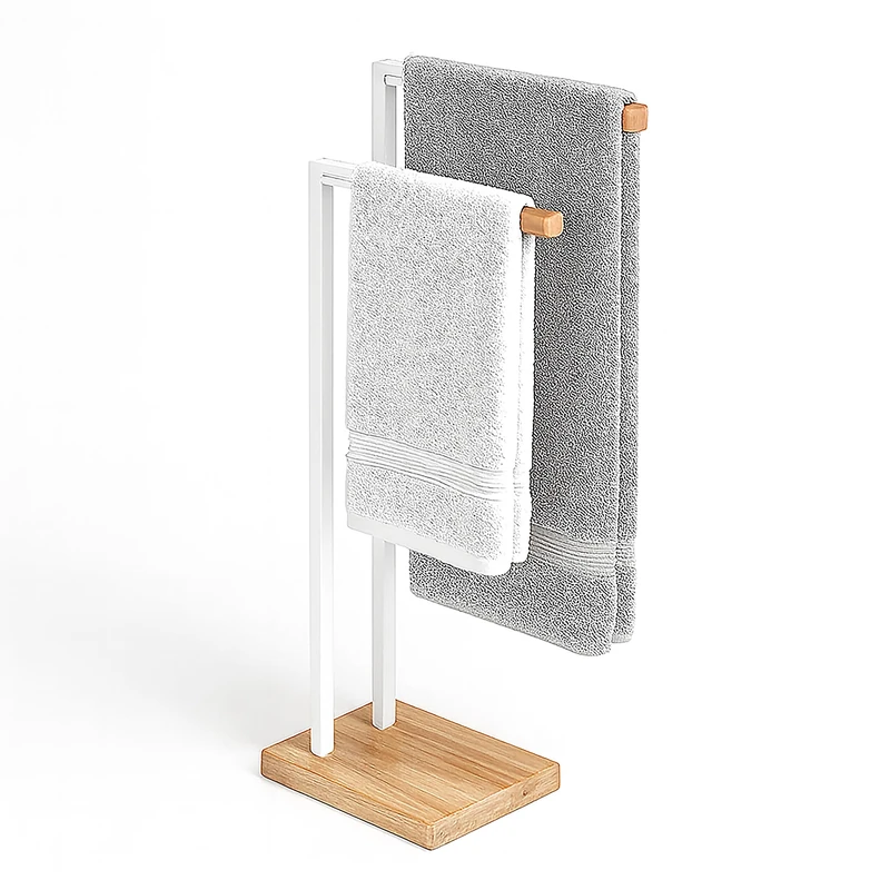 Relaxdays Freestanding Towel Stand with 2 Bars, Metal and Bamboo, White/Natural, 80.5 x 38.5 x 19.5 cm