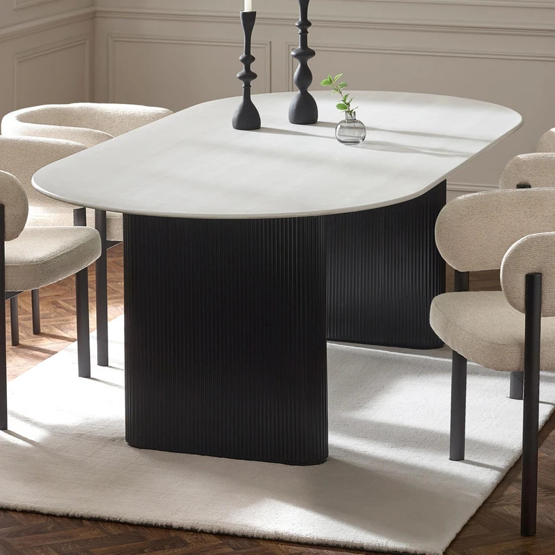 Julian Bowen Bolivia Dining Table - 6 Seater Kitchen Table with White Stone Effect and Black Legs for Dining Room, Oval Dinner Tabletop - W220cm x D110cm