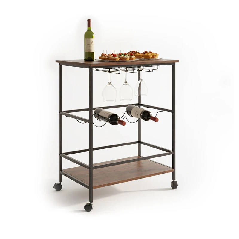 Relaxdays Serving Trolley with 2 Shelves, Wine Rack & Glass Holder, Brown/Black, 82x60x45 cm