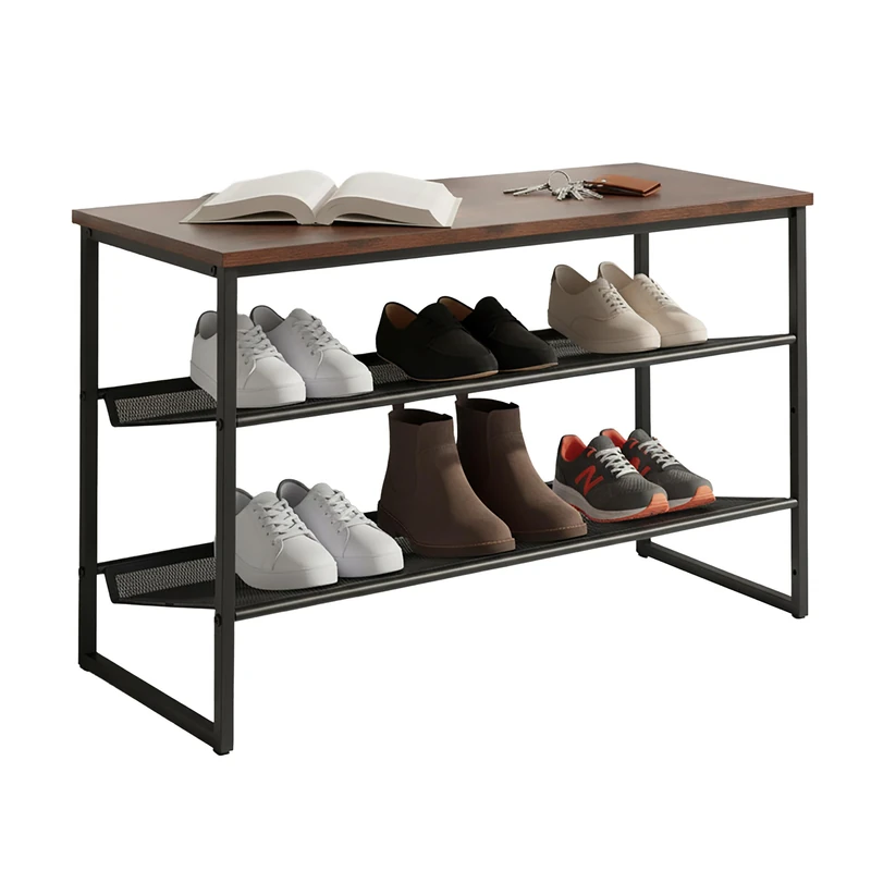Relaxdays Shoe Rack, Industrial Style, MDF/Metal, Holds 6 Pairs, 52.5×75×30 cm, Black/Brown