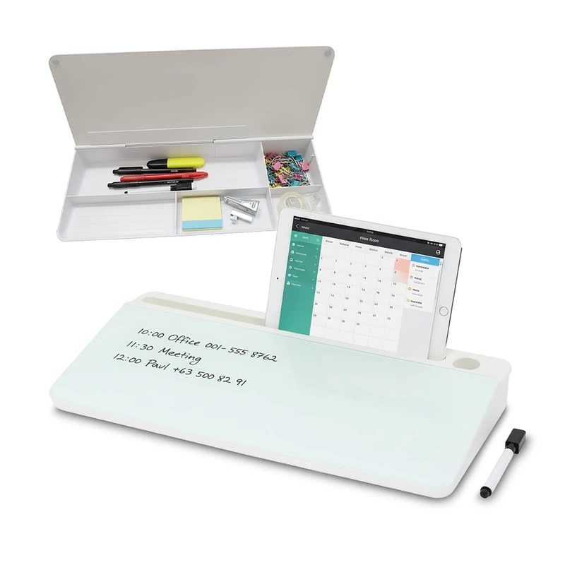 Relaxdays Desk Organizer with Whiteboard, 5 Compartments, Plastic & Glass, 40 x 18 x 5.5 cm, Office Organizer, White