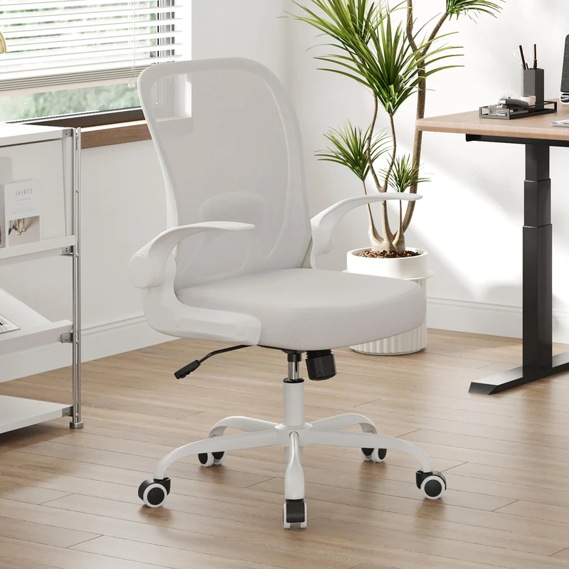 Farini Ergonomic Office Chair, Comfy Swivel Desk Chair with Lumbar Support, Adjustable Height and 90° Flip-Up Arms, Breathable Mesh Back for Home and Office, White