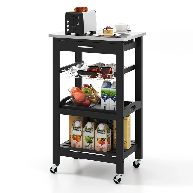 FANTASK Serving Trolley, 47 x 39 x 85 cm, Narrow Kitchen Shelf with Drawer & Basket, Kitchen Trolley with Stainless Steel Worktop, Small Trolley for Kitchen (Black) - Image 1