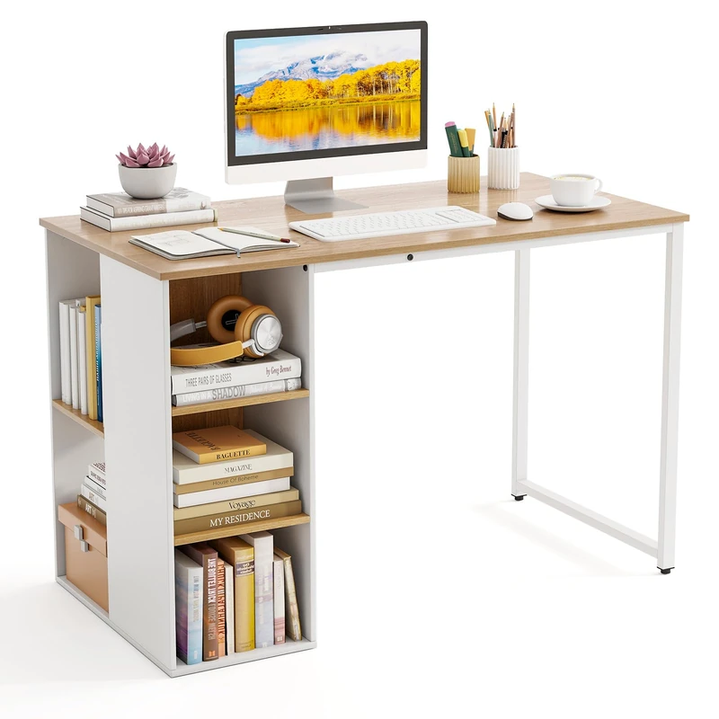 FANTASK Desk, 115 x 59 cm, Computer Desk with Storage Space & Metal Frame, Modern Office Table with 5 Shelves, PC Table for Bedroom, Study (Natural + White)