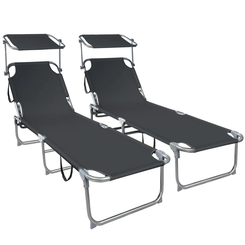 VOUNOT® Folding Sun Loungers Set of 2, Sunbed with Adjustable Backrest & Sunshade for Garden, Beach, Patio, Pool, Camp, Load 110 kg, Black