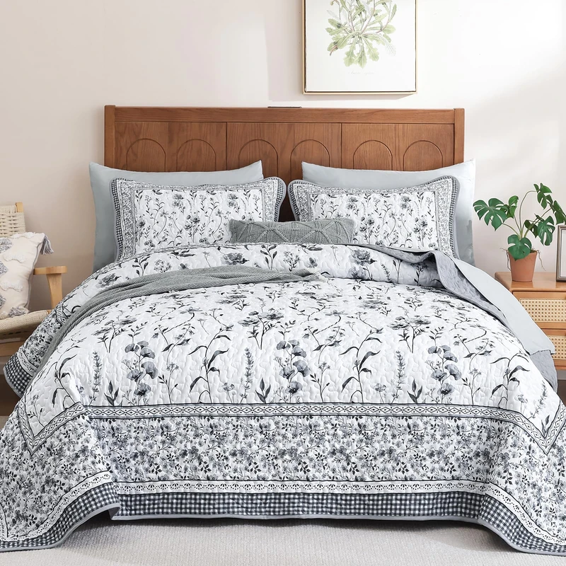 WONGS BEDDING Floral Quilt Set Queen Size,Grey Bedspread Set with 2 Pillowcases,Microfiber Lightweight Flowers Botanical Coverlet Sets Farmhouse Bed Cover Bedding Sets for All Seasons (96"x90")
