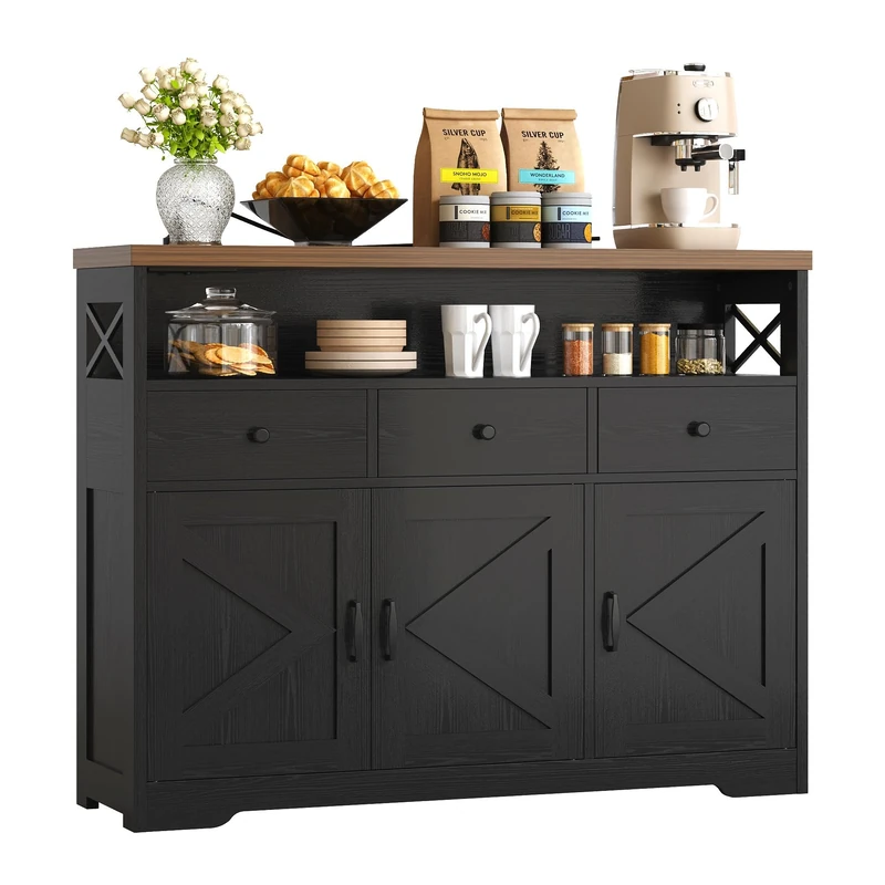 IRONCK Sideboard, Kitchen Cabinet with Power Outlets 2AC+1USB+1C, Storage Cupboard 3 Drawers 3 Doors, Buffet Table for Living Room,Kitchen,Hallway, Dining Room, Adjustable Shelves, 107x35x95cm (Black)