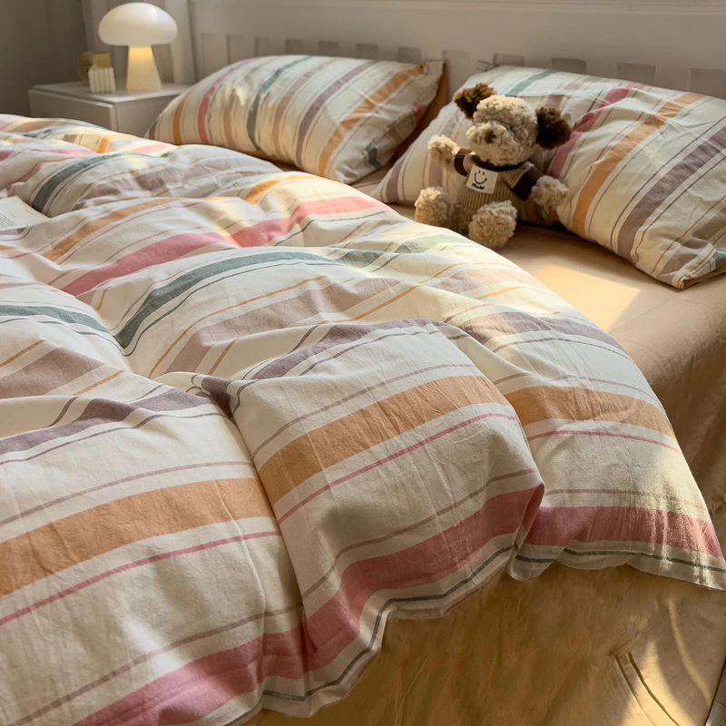 mixinni Vintage Striped Duvet Cover Set King, 3-Piece 100% Washed Cotton Bedding Set - Soft & Breathable Colorful Comforter Cover with Zipper, All-Season Lightweight Bed Set for Cozy Home