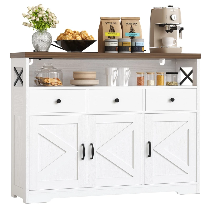 IRONCK Sideboard, Kitchen Cabinet with Power Outlets 2AC+1USB+1C, Storage Cupboard 3 Drawers 3 Doors, Buffet Table for Living Room,Kitchen,Hallway, Dining Room, Adjustable Shelves, 107x35x95cm (White)