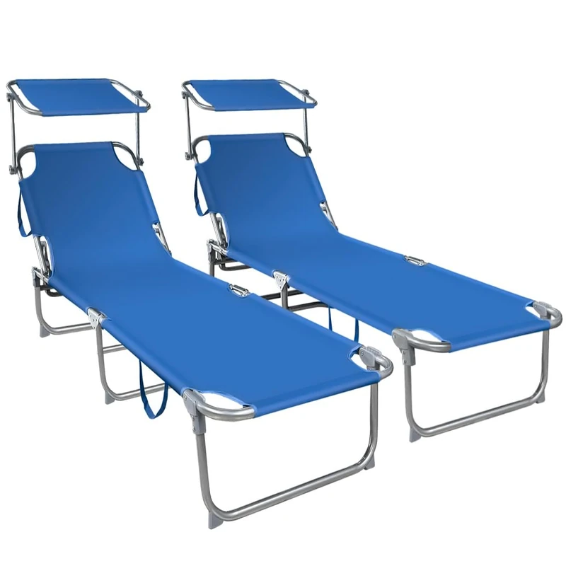 VOUNOT® Folding Sun Loungers Set of 2, Sunbed with Adjustable Backrest & Sunshade for Garden, Beach, Patio, Pool, Camp, Load 110 kg, Blue
